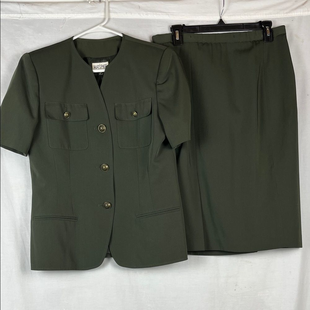 Vintage Kasper for ASL Dark Olive Green Military Style Women's Skirt Suit